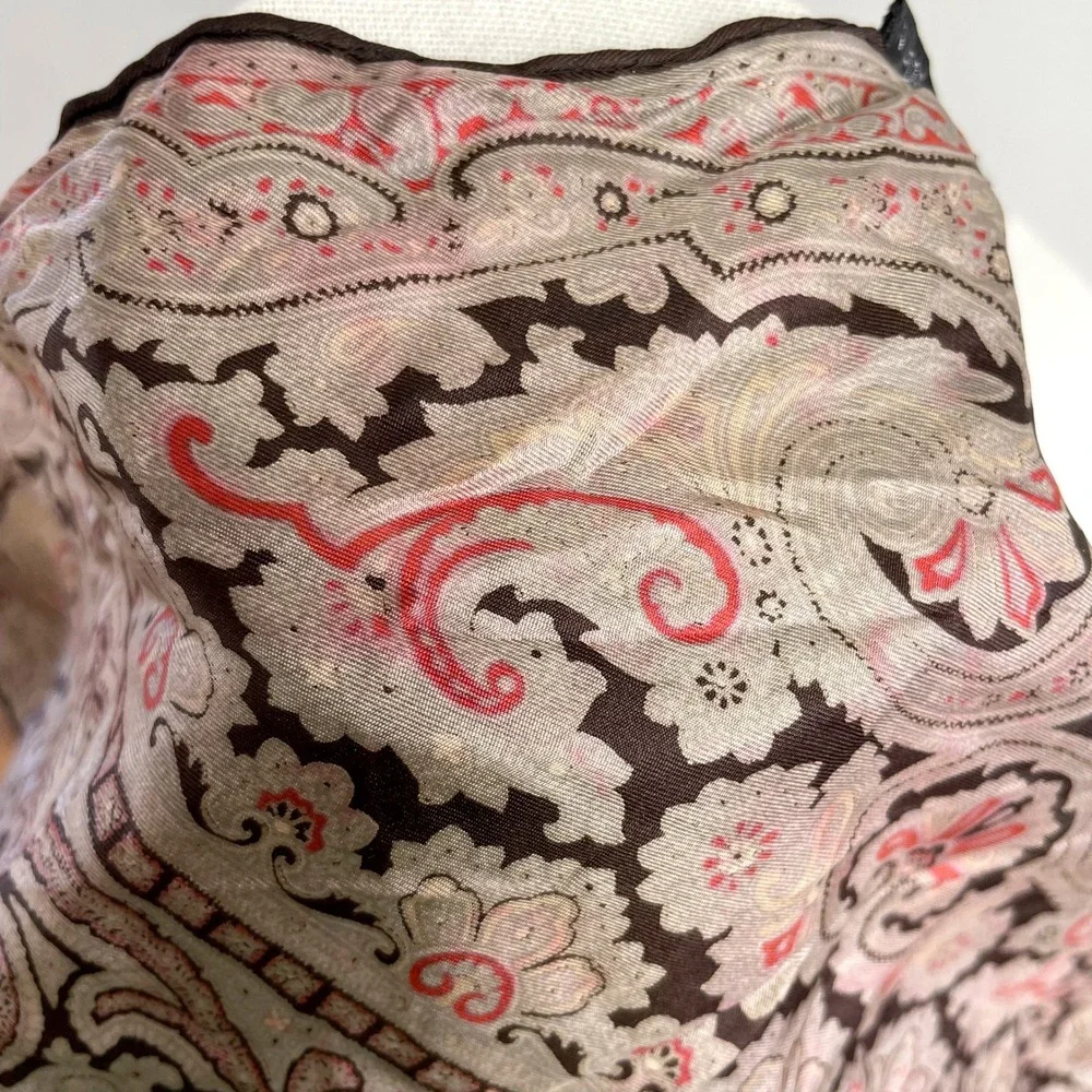 Vintage Silk Square Scarf Italy Hand Rolled Paisley Brown Preppy Old Money